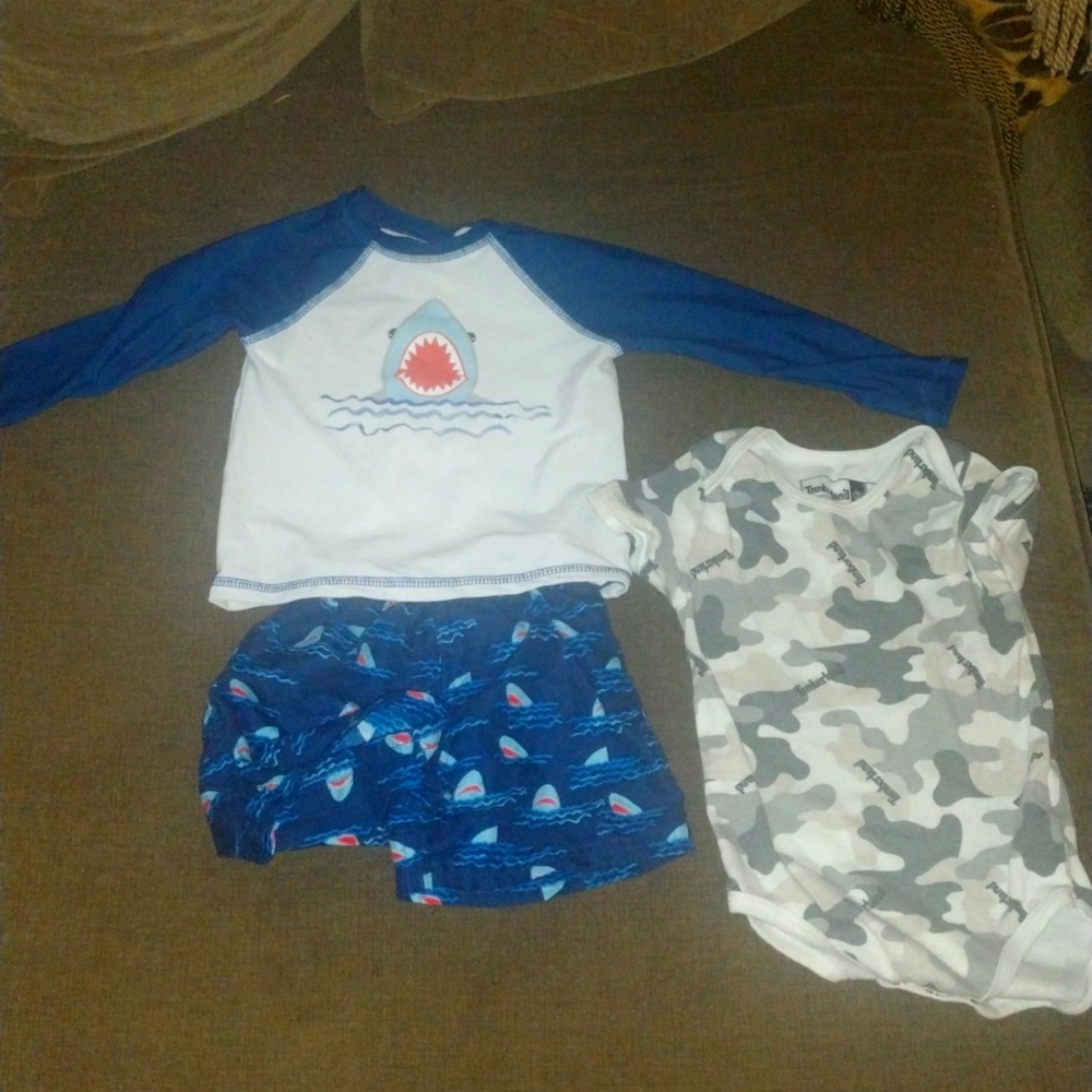 Infant Boy Bundle. Rash Guard Swim Suit and Timberland Onesie